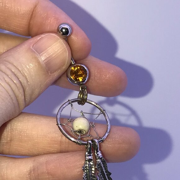 Topaz Orange gem with Cream bead Dream Catcher Dangle Belly Ring - Picture 2 of 11